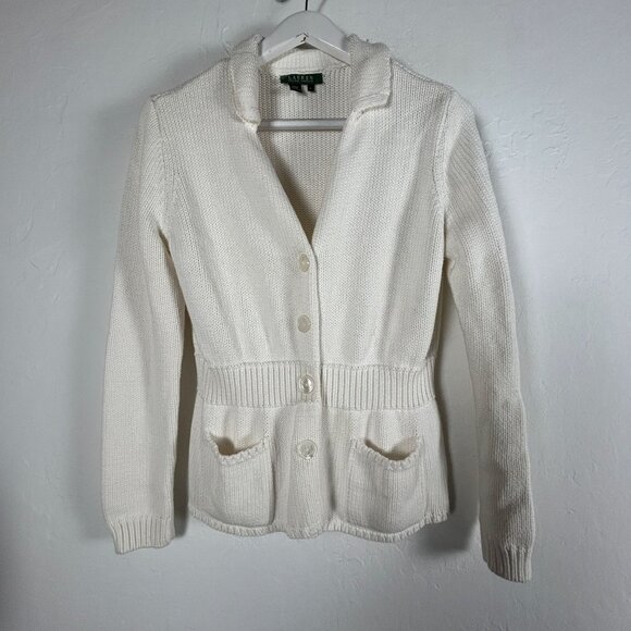 Lauren Ralph Lauren Sweaters - Lauren Ralph Lauren Womens Cotton Knit Cardigan Sweater Size Large White Pockets